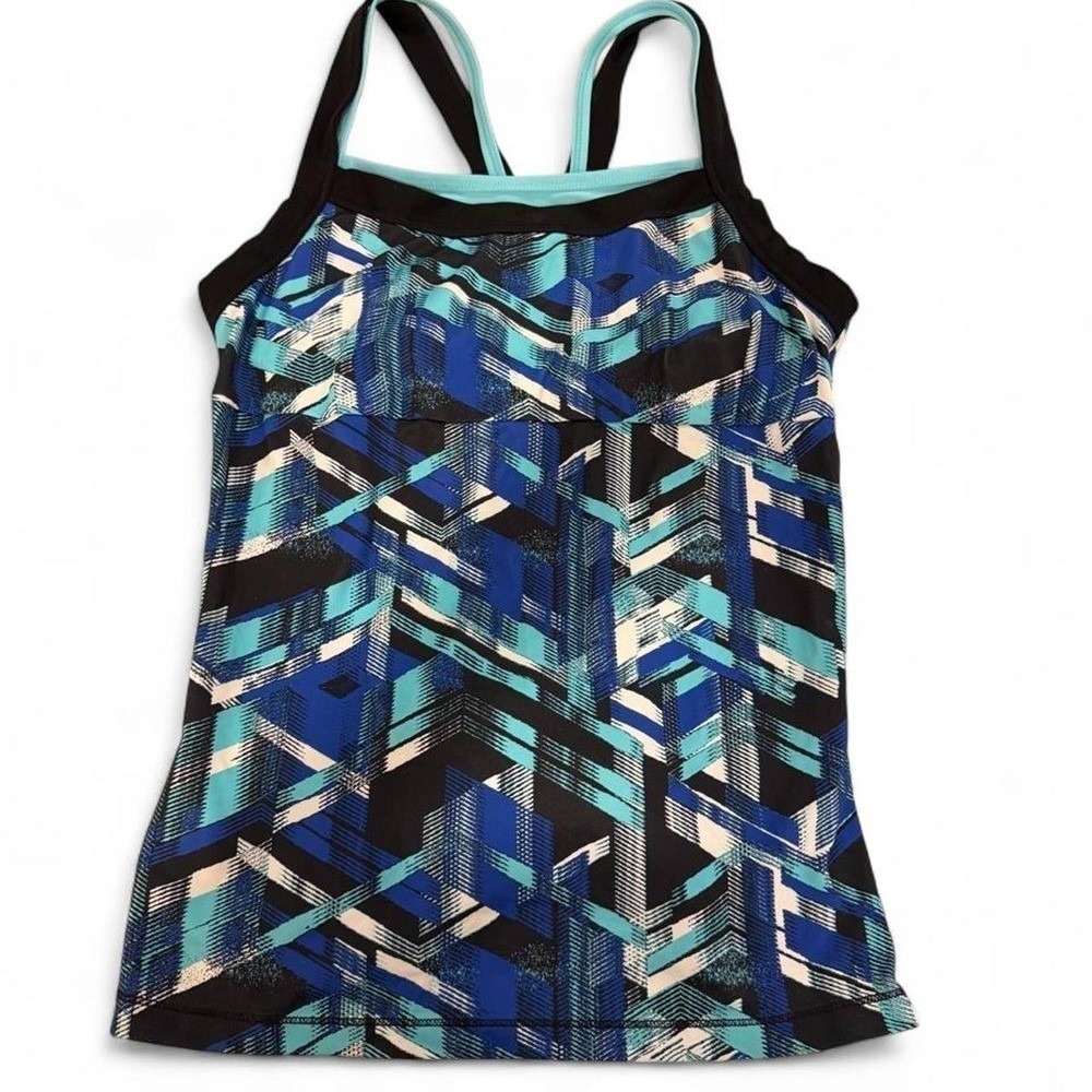 Xersion Athletic Geometric Print Tank Top Blue Black Strappy Activewear Medium